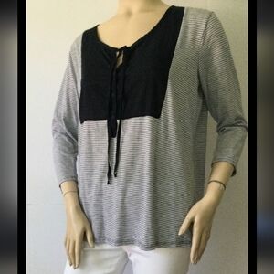 Michael Stars 100% Cotton Peasant Black Gray Striped 3/4 Sleeves Blouse O/S